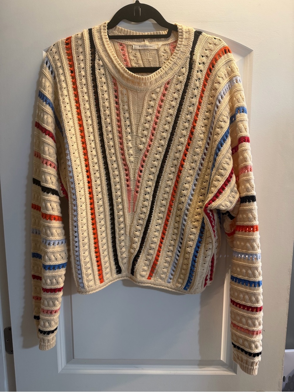 Ellison Cream Cable Knit Sweater with Multicolor Stripes